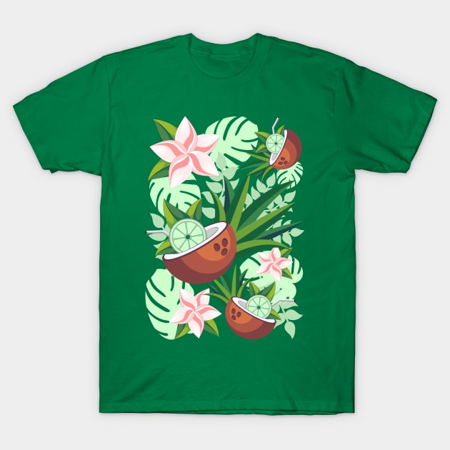 Lime in Coconut with Pink Plumeria Flowers Tropical Summer Pattern T-Shirt by BluedarkArt